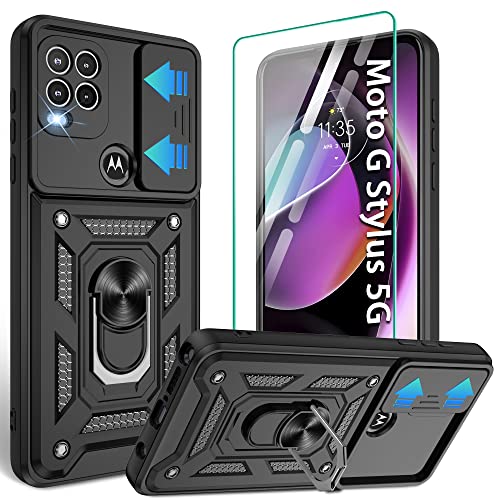 Moto G Stylus 5G(2021) Case with Screen Protector,Shockproof Phone Cover with Magnetic Kickstand Ring for Motorola G Stylus 5G 2021,Black