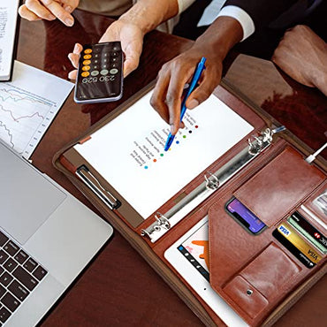 Zippered Portfolio Organizer, WRIYES Leather Padfolio with 3 Ring Binder, Professional Business Binder, Organizer for IPad/Document, Phone & Business Cards, Office Gifts for Men or Women (Brown)