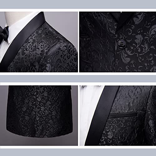 LiveZou Men's Floral Dinner Party Prom Wedding Stylish Tuxedo Coat Suit, Black-2 Piece, Large