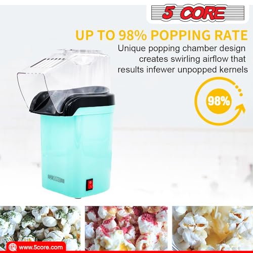 5 Core Hot Air Popcorn Popper Machine 1200W Electric Popcorn Kernel Corn Maker Bpa Free, 95% Popping Rate, 2 Minutes Fast, No Oil-Healthy Snack for Kids Adults, Home, Party, Gift POP G