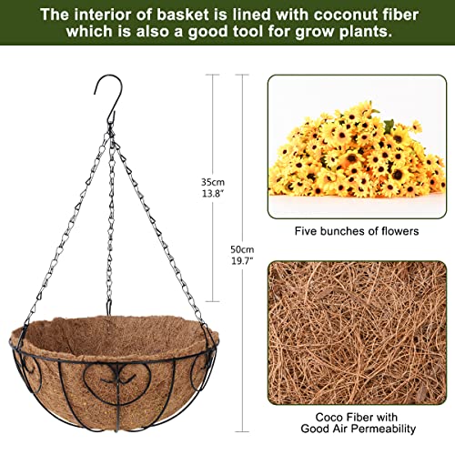 INQCMY Artificial Flowers Hanging Basket for Outdoor Indoor, Fake Sunflowers Flowers in Coconut Lining Hanging Basket, 8 Branches Sunflowers Flowers in 12'' Basket(Yellow)