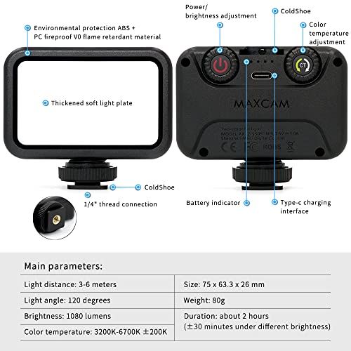 MAXCAM Bi-Color LED Video Light on Camera Accessories Kit Bundle Includes LED Fill Light + Phone Clip + Tripod, Lighting Duration 2 Hours, Dimmable 3200K-6700K and Brightness 1080 lumens