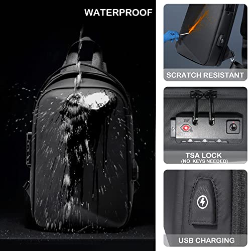 FENRUIEN Anti-Theft Crossbody Sling Backpack Bag for Men&Women Hard Shell with USB, Shoulder Pack Lock Waterproof 10.2 inch Single Strap for Travel Hiking Daily
