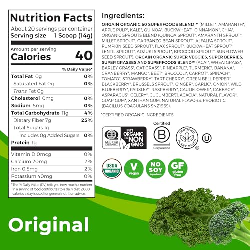 Orgain Organic Greens Powder + 50 Superfoods, Original - 1 Billion Probiotics for Gut Health, Antioxidants, Vegan, Plant Based, Gluten Free, Non GMO, Dairy Free Juice & Smoothie Mix - 0.62lb