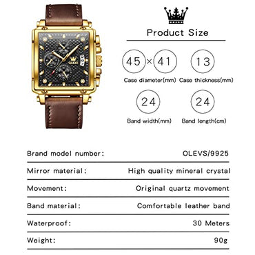 OLEVS Large Face Watches for Men Black Dial Square Quartz Chronograph Watch Brown Leather Mens Watches Waterproof Luxury Men's Wrist Watches
