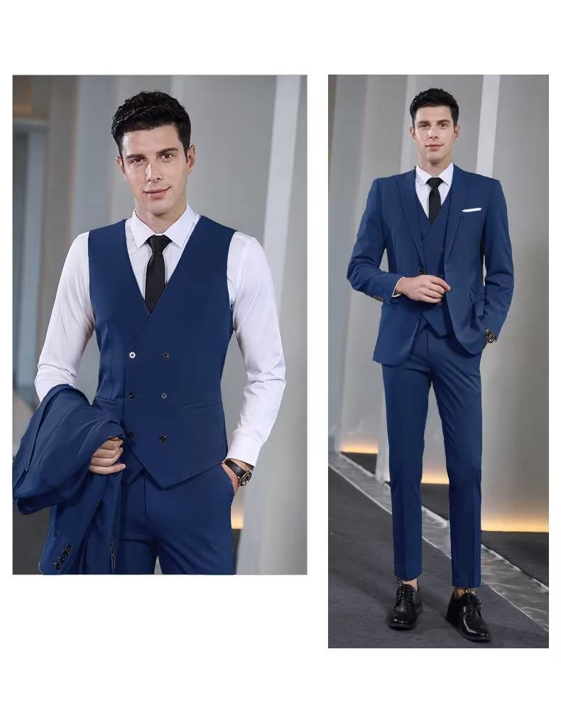 Slim Fit 3 Piece Suits for Men Set Formal Wedding Suit Double Breasted Vest Casual Dress Navy Suits Size 42 L