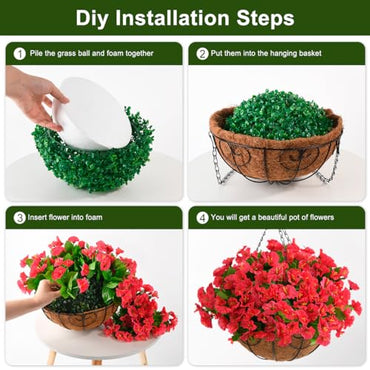 Homsunny Artificial Morning Glory Flowers in Basket,Silk Flower with 12 inch Flowerpot Centerpieces,Fake Hanging Plants in Coconut Lining Baskets for Outdoors Indoors Courtyard Porch Decor (Rose red)