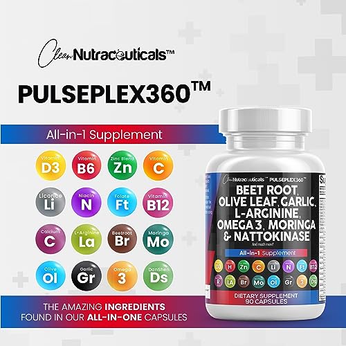 Beet Root Capsules 6000mg Olive Leaf 6000mg Nattokinase 4000 FU Garlic Extract 2000mg L-Arginine 400mg Omega 3 Red Yeast Rice Hibiscus Danshen - Healthy Support Supplement - USA Made