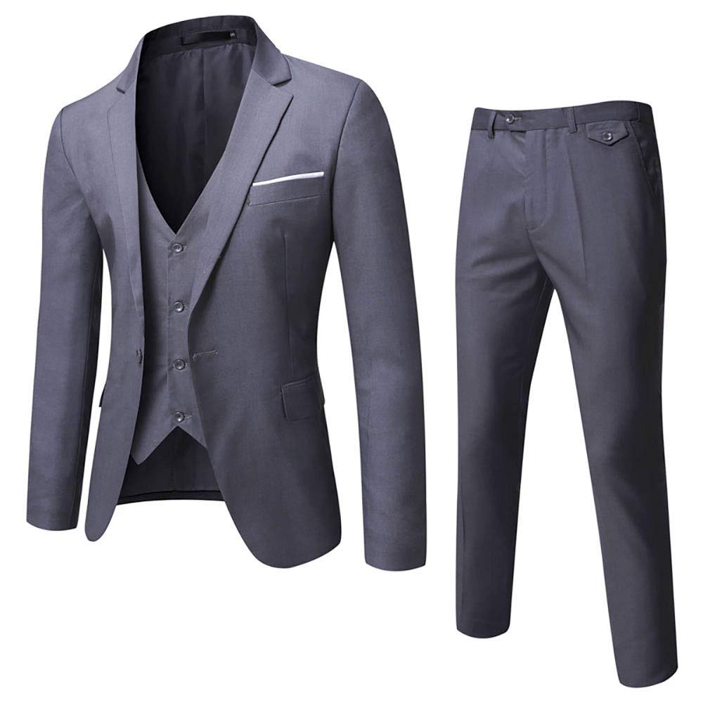 WULFUL Men’s Suit Slim Fit One Button 3-Piece Suit Blazer Dress Business Wedding Party Jacket Vest & Pants Dark Grey