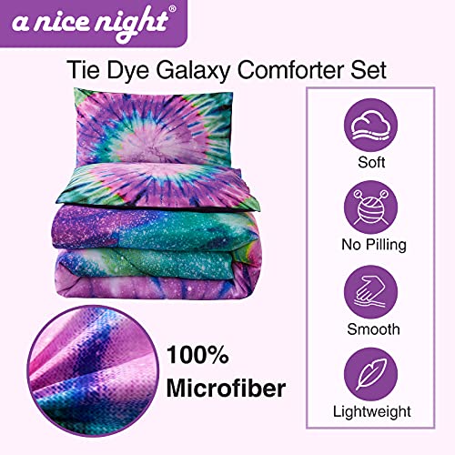 A Nice Night Bedding Tie Dye Galaxy Comforter Set, Psychedelic Swirl Pattern Colorful Boho, Boys Girls Bedding Quilt Sets (Purple, Twin(68-by-88-inches))