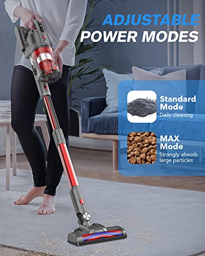 Fykee Cordless Vacuum Cleaner, Cordless Vacuum and 80,000 PRM Brushless Motor, Stick Vacuum Cleaner with Large Detachable Battery up to 35 mins Run Time (Grey Red)