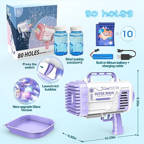 Bubble Machine Gun, 80 Holes Bubble Gun Bubbles Kids Toys for Toddlers Boys Girls Age 3 4 5 6 7 8 9 10 11 12 Year Old, Outdoor Indoor Summer Toys Birthday Gifts, Wedding Party Favors-Purple