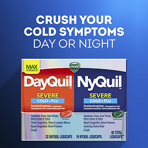 Vicks DayQuil and NyQuil SEVERE Combo, Cold & Flu Medicine, Max Strength Relief For Fever, Sore Throat, Nasal Congestion, Sinus Pressure, Stuffy Nose, Cough, 48 Count, 32 DayQuil, 16 NyQuil