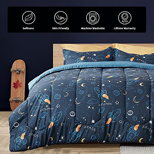 SLEEP ZONE Kids Full/Queen Size - 7 Pieces Super Cute & Soft Bedding Sets & Collections Including Comforter, Sheet, Pillowcase & Sham - Fade Resistant Easy Care (Space Rocket)