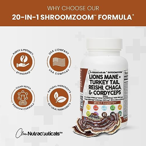 Lions Mane 3000mg 20in1 Mushroom Supplement with Turkey Tail 2000mg Reishi 1000mg Cordyceps Chaga 1000mg Maitake Meshima Poria Cocos Shiitake Oyster Porcini Enoki 60 Count Made In USA