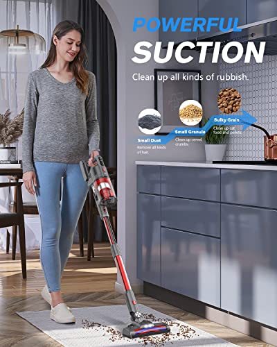 Fykee Cordless Vacuum Cleaner, Cordless Vacuum and 80,000 PRM Brushless Motor, Stick Vacuum Cleaner with Large Detachable Battery up to 35 mins Run Time (Grey Red)