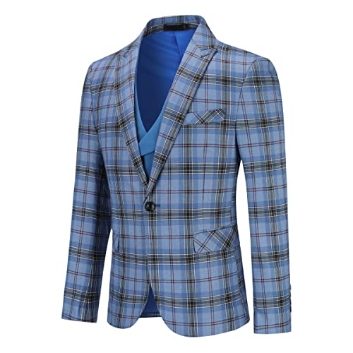 Men's Plaid Modern Fit 3-Piece Suit Blazer Jacket Tux Vest & Trousers Royal Blue
