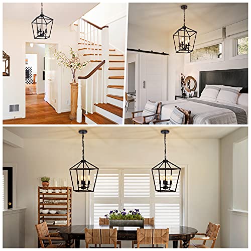 4 Light Chandelier, Industrial Ceiling Light Black Lantern Light Fixtures with Farmhouse Metal Cage Adjustable Height Rustic Geometric Hanging Light E12 Base for Kitchen Island, Entryway, Indoor