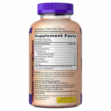 Kirkland Signature Calcium 500 mg with D3 & Zinc, Adult Gummies, 120 Count, 2 Bottles Total 240 Count