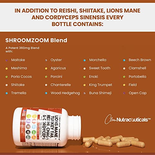 Lions Mane 3000mg 20in1 Mushroom Supplement with Turkey Tail 2000mg Reishi 1000mg Cordyceps Chaga 1000mg Maitake Meshima Poria Cocos Shiitake Oyster Porcini Enoki 60 Count Made In USA