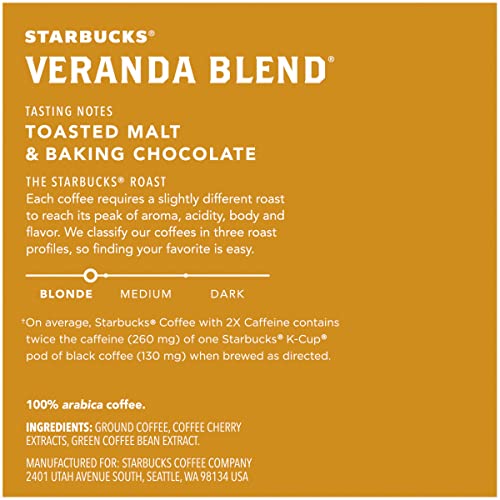 Starbucks Coffee K-Cup Pods with Caffeine Naturally Found in Coffee Extracts, 10 CT K-Cup Pods Per Box (Blonde Roast) (Pack of 2)