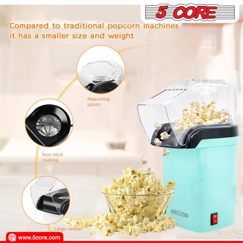 5 Core Hot Air Popcorn Popper Machine 1200W Electric Popcorn Kernel Corn Maker Bpa Free, 95% Popping Rate, 2 Minutes Fast, No Oil-Healthy Snack for Kids Adults, Home, Party, Gift POP G