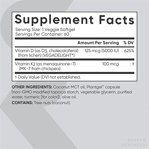 Sports Research Vitamin D3 K2 with 5000iu of Vegan D3 & 100mcg of Vitamin K2 as MK7 | Non-GMO Verified, Vegan Certified, Gluten & Soy Free - 60 Liquid Softgels
