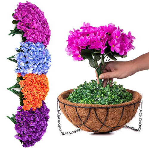 Artificial Flowers with HangingBasket for Outdoor Indoor, Fake Hydrangea Flowers in Coconut Lining Hanging Basket for Home Courtyard Decoration, 4 Branches Hydrangea Flowers in 12'' Basket(Blue)