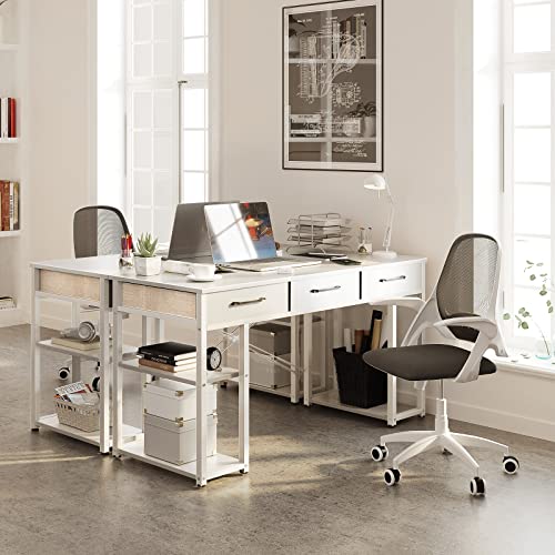 ODK Office Small Computer Desk: Home Table with Fabric Drawers & Storage Shelves, Modern Writing Desk, White, 48"x16"