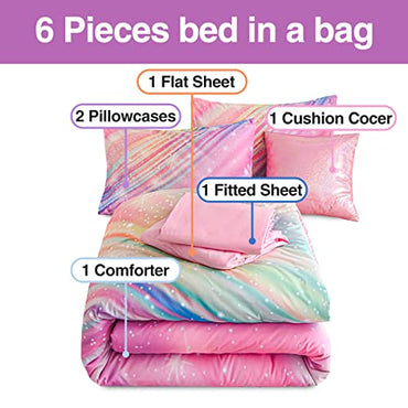 Btargot Super Soft 6 Pieces Gradient Star Ring Comforter Set, Colorful Glitter Rainbow Star Pattern Bedding Set for Boys Girls Teens,Twin Pink