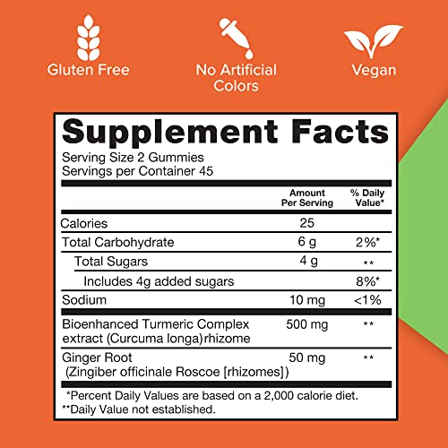 Qunol Turmeric and Ginger Gummies, Gummy with 500mg Turmeric + 50mg Ginger, Joint Support Supplement, Ultra High Absorption Tumeric and Ginger, Vegan, Gluten Free, 90ct Gummies