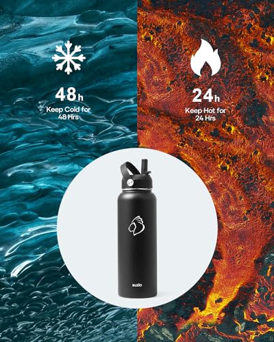 BUZIO Double Wall Stainless Steel Sports Wide Mouth Water Bottle, BPA-Free Flex Cap and Straw Lid, 40 Ounces & 32 Ounces Water Bottle