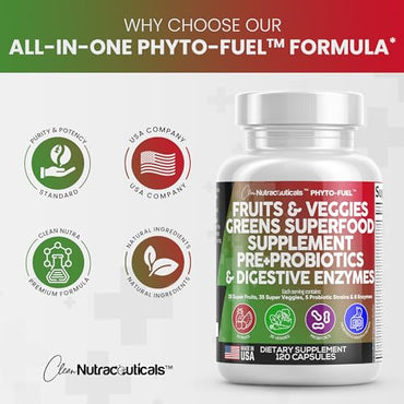 Fruits and Veggies Supplement Reds & Green Superfood - A Natural Balance of Over 70 Fruit and Vegetable Supplements Capsules with Probiotics Prebiotics Digestive Enzymes Nature Spirulina -120 Ct USA