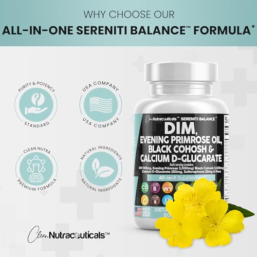 DIM 300mg Evening Primrose 3000mg Black Cohosh 3000mg Calcium D-Glucarate 250mg Sulforaphane Flax Seed Extract - Hormonal Balance Support Vitamins for Women with Dong Quai - Made in USA 60 Caps