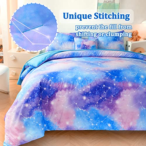 ASKOTU Galaxy Twin Comforter Set for Girls, Tie Dye Blue Purple Ombre 6 Piece Bed in a Bag Kids Bedding Sets with Sheets