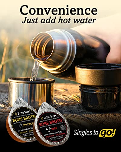 Brite Start Bone Broth - Chicken + Ginger & Turmeric - 12 Count - Keto Friendly Concentrate with 16g Collagen, 20g Paleo Protein - Made from Organic Free Range Chicken Bones - Single Serve Packets