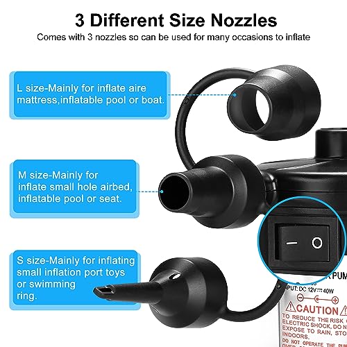 AGPTEK Electric Air Pump with 3 Nozzles, 110V AC/12V DC, Portable Quick-Fill Perfect Inflator/Deflator Pumps for Outdoor Camping, Inflatable Cushions, Air Mattress Beds, Boats, Swimming Ring