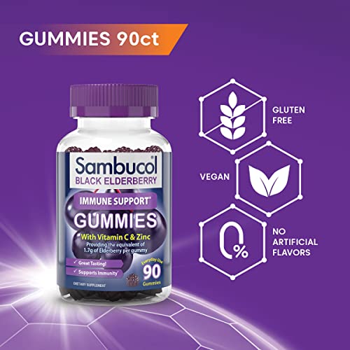 Sambucol Elderberry Gummies for Adults with Vitamin C; Zinc; Sambucus Elderberry Gummies for Immune Support with High Antioxidants; Gluten Free; Vegan; 1 Gummy Per Serving; 90 Count (90 Day Supply)