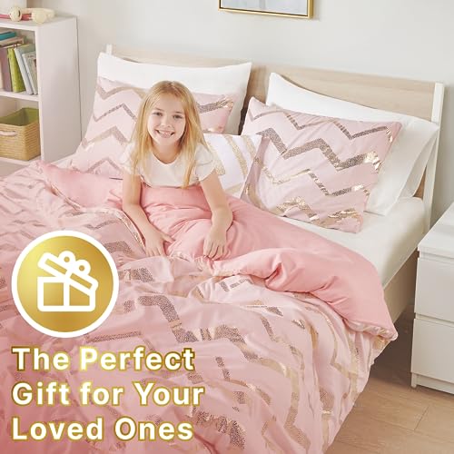 Codi Twin Comforter Set for Girls - Cute Pink Bedding Sets for Twin Size Bed - 3 Piece Set for Teen Girl - Includes 1 Rose Gold Comforter, 1 Decorative Pillow, 2 Pillow Cases - All Seasons Warm