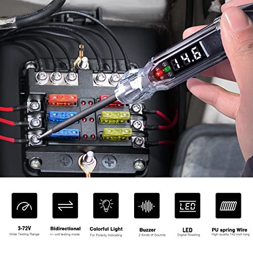 Upgraded 3-72V Buzzer Automotive Test Light, Heavy Duty Digital LED Circuit Tester with Voltmeter and Dual Color Polarity Indicate Light, Bidirectional DC Voltage Tester Electric Light Test Pen