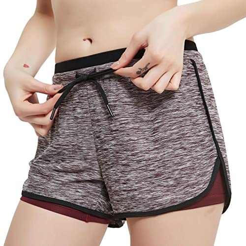 RIBOOM Women Workout Fitness Running Shorts Double Layer Active Yoga Gym Sport Shorts Violet