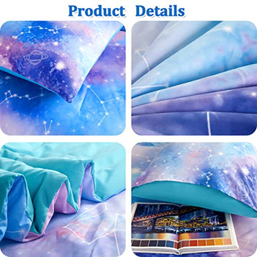 ASKOTU Galaxy Twin Comforter Set for Girls, Tie Dye Blue Purple Ombre 6 Piece Bed in a Bag Kids Bedding Sets with Sheets