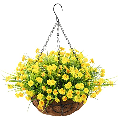 Homsunny Artificial Daisy Flower in Basket, Hanging Flowers Basket Centerpieces, Outdoors & Indoors Flowers in Coconut Lining Hanging Baskets for The Decoration of Courtyard(Yellow)