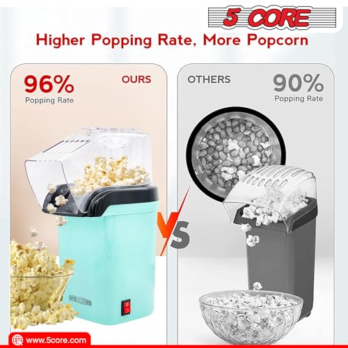 5 Core Hot Air Popcorn Popper Machine 1200W Electric Popcorn Kernel Corn Maker Bpa Free, 95% Popping Rate, 2 Minutes Fast, No Oil-Healthy Snack for Kids Adults, Home, Party, Gift POP G