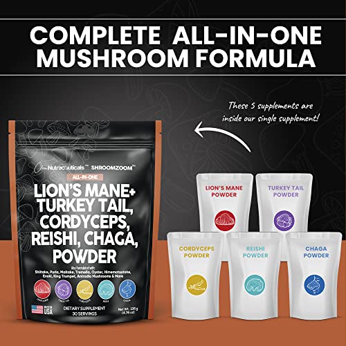Mushroom Powder Complex Supplement with Lions Mane Mushrooms Turkey Tail Extract Cordyceps Chaga Reishi Maitake Meshima Poria Shiitake Porcini Enoki - Organic Mushroom Blend Mix - Made in USA