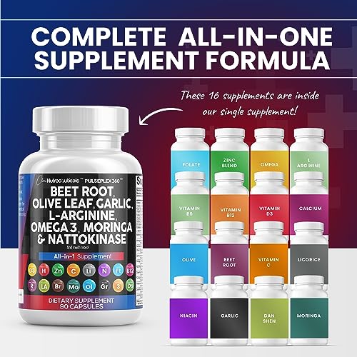 Beet Root Capsules 6000mg Olive Leaf 6000mg Nattokinase 4000 FU Garlic Extract 2000mg L-Arginine 400mg Omega 3 Red Yeast Rice Hibiscus Danshen - Healthy Support Supplement - USA Made