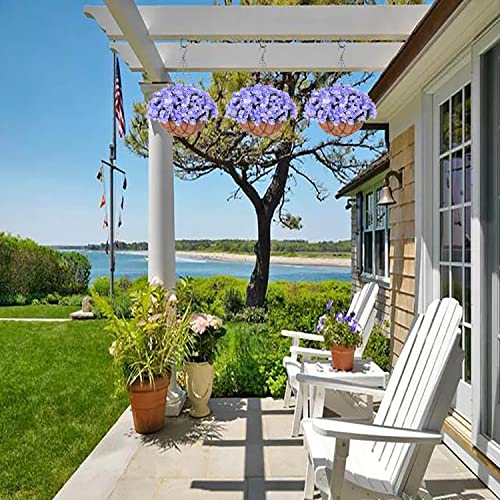 Artificial Flowers with HangingBasket for Outdoor Indoor, Fake Hydrangea Flowers in Coconut Lining Hanging Basket for Home Courtyard Decoration, 4 Branches Hydrangea Flowers in 12'' Basket(Blue)