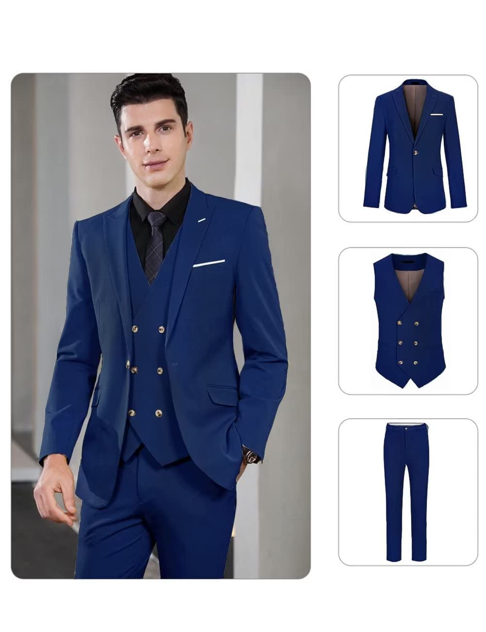 Slim Fit 3 Piece Suits for Men Set Formal Wedding Suit Double Breasted Vest Casual Dress Navy Suits Size 42 L