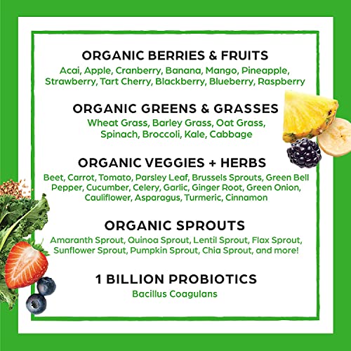 Orgain Organic Greens Powder + 50 Superfoods, Original - 1 Billion Probiotics for Gut Health, Antioxidants, Vegan, Plant Based, Gluten Free, Non GMO, Dairy Free Juice & Smoothie Mix - 0.62lb