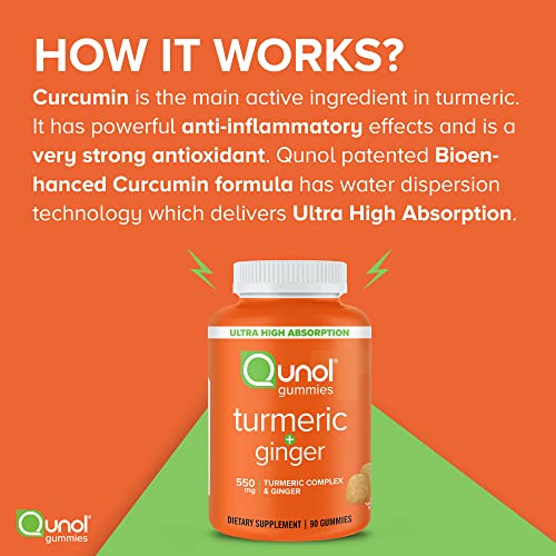 Qunol Turmeric and Ginger Gummies, Gummy with 500mg Turmeric + 50mg Ginger, Joint Support Supplement, Ultra High Absorption Tumeric and Ginger, Vegan, Gluten Free, 90ct Gummies